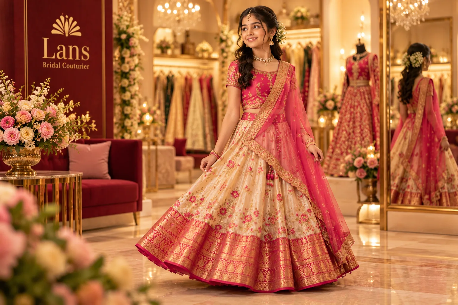 Traditional half saree in Coimbatore for teenagers Traditional half saree in pink and gold for teenagers